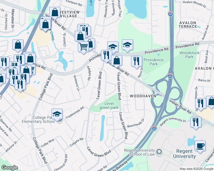 map of restaurants, bars, coffee shops, grocery stores, and more near 1058 Commonwealth Place in Virginia Beach