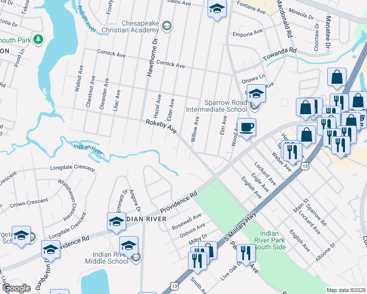 map of restaurants, bars, coffee shops, grocery stores, and more near 1638 Laurel Avenue in Chesapeake