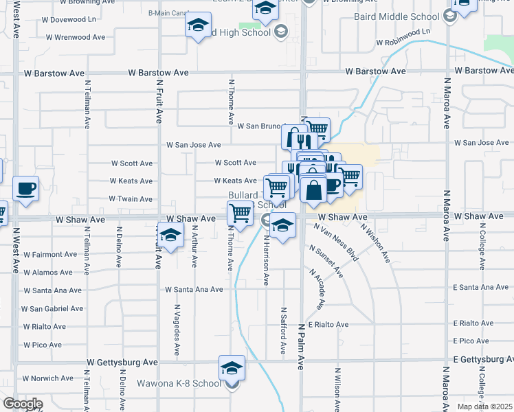 map of restaurants, bars, coffee shops, grocery stores, and more near 1100 W Shaw Ave in Fresno