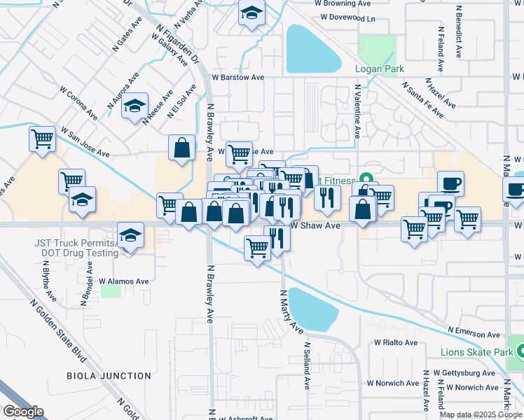 map of restaurants, bars, coffee shops, grocery stores, and more near 3604 W Shaw Ave in Fresno