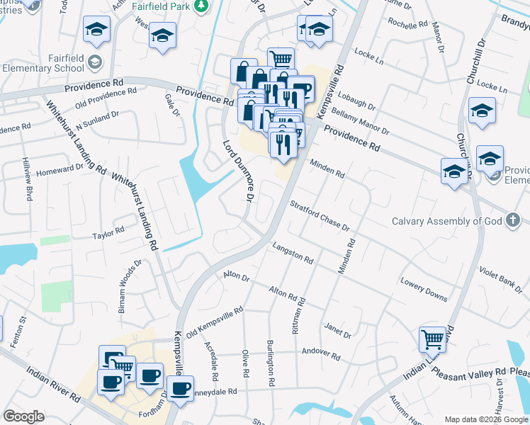 map of restaurants, bars, coffee shops, grocery stores, and more near 5460 Glenville Circle in Virginia Beach