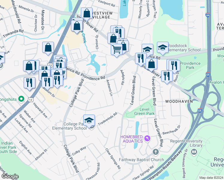 map of restaurants, bars, coffee shops, grocery stores, and more near 920 Amherst Lane in Virginia Beach