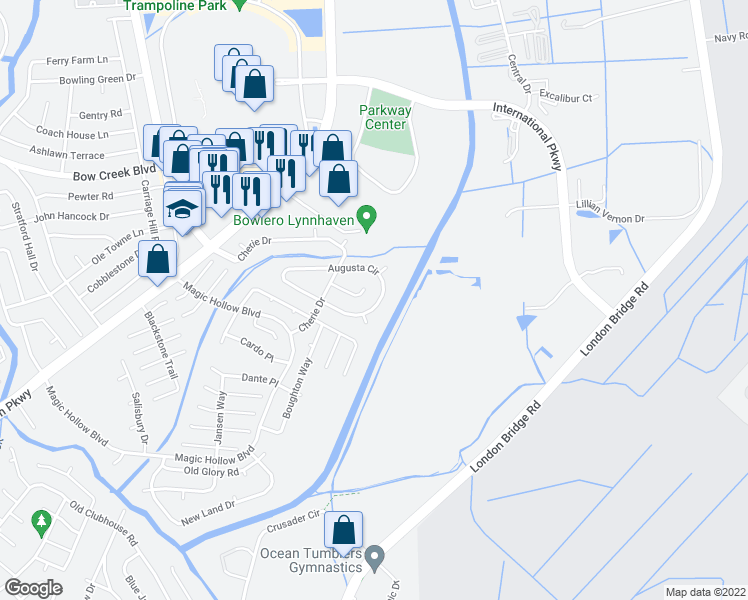 map of restaurants, bars, coffee shops, grocery stores, and more near 2845 Augusta Circle in Virginia Beach