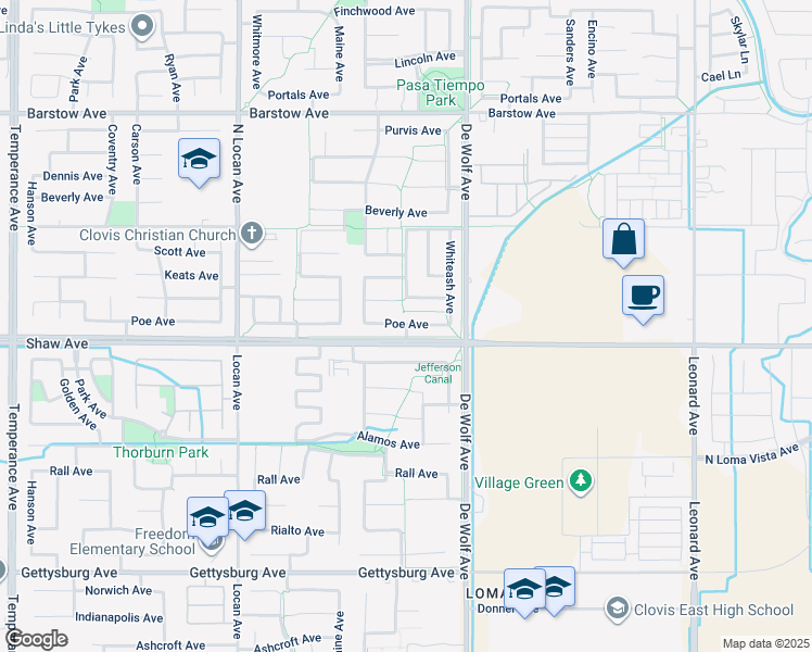map of restaurants, bars, coffee shops, grocery stores, and more near 3138 Poe Avenue in Clovis