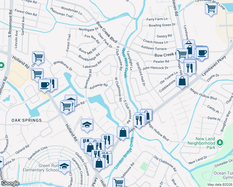 map of restaurants, bars, coffee shops, grocery stores, and more near 901 Dixie Drive in Virginia Beach