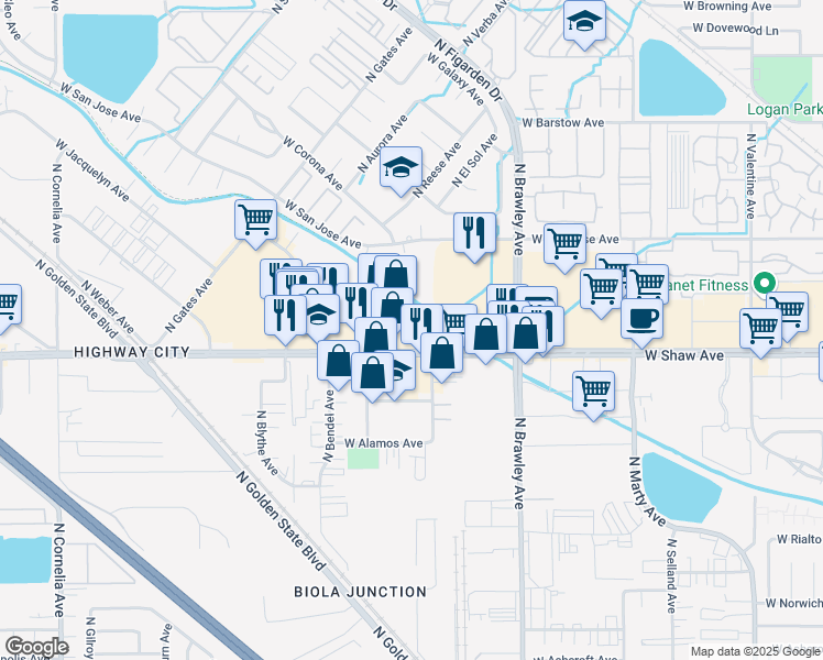 map of restaurants, bars, coffee shops, grocery stores, and more near 4172 West Shaw Avenue in Fresno