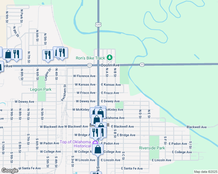 map of restaurants, bars, coffee shops, grocery stores, and more near 212 East Frisco Avenue in Blackwell