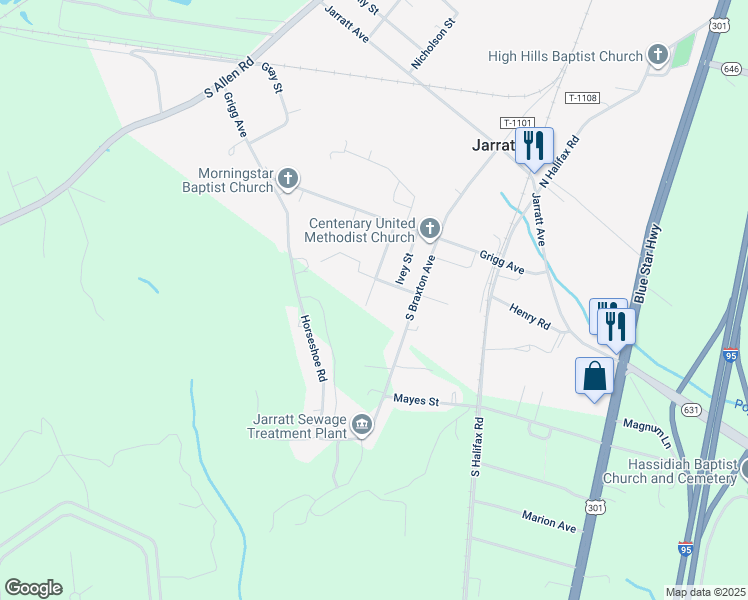 map of restaurants, bars, coffee shops, grocery stores, and more near 406 Susan Street in Jarratt