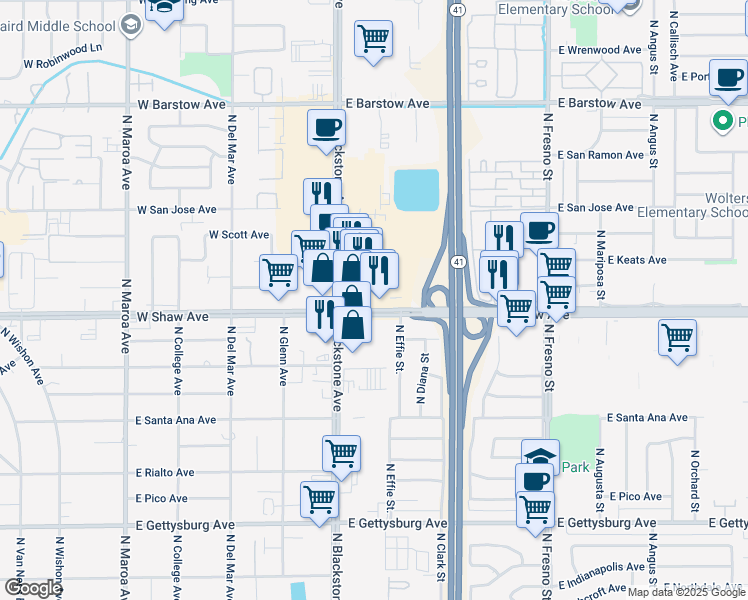map of restaurants, bars, coffee shops, grocery stores, and more near 47 East Shaw Avenue in Fresno