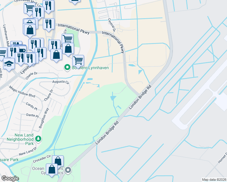 map of restaurants, bars, coffee shops, grocery stores, and more near 2525 International Parkway in Virginia Beach