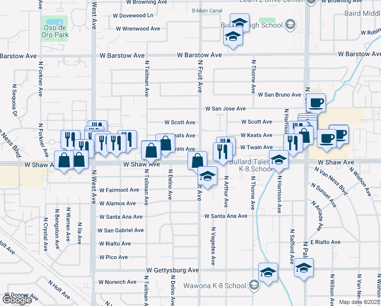 map of restaurants, bars, coffee shops, grocery stores, and more near 1440 West Shaw Avenue in Fresno