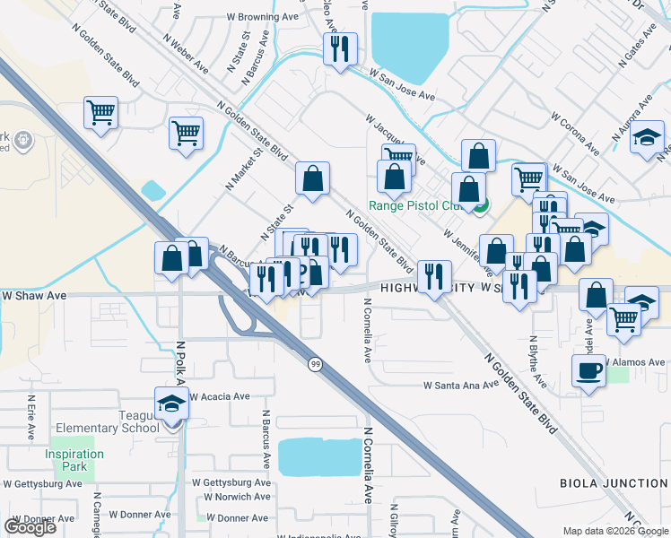 map of restaurants, bars, coffee shops, grocery stores, and more near 5030 West Shaw Avenue in Fresno