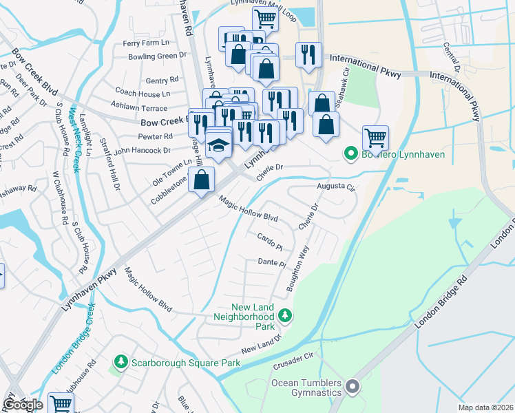 map of restaurants, bars, coffee shops, grocery stores, and more near 901 Bamberg Place in Virginia Beach
