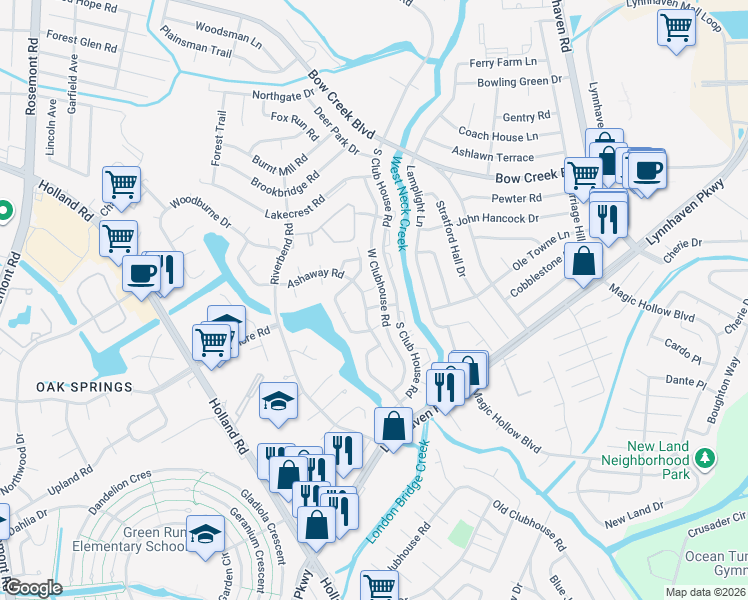 map of restaurants, bars, coffee shops, grocery stores, and more near 901 Dixie Drive in Virginia Beach