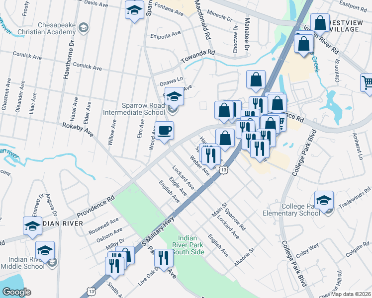 map of restaurants, bars, coffee shops, grocery stores, and more near 1719 Weber Avenue in Chesapeake