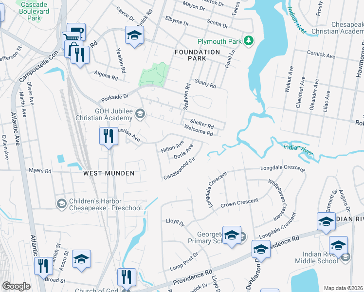 map of restaurants, bars, coffee shops, grocery stores, and more near 2917 Doris Avenue in Chesapeake