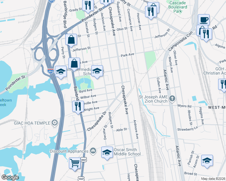 map of restaurants, bars, coffee shops, grocery stores, and more near 1700 Jackson Avenue in Chesapeake