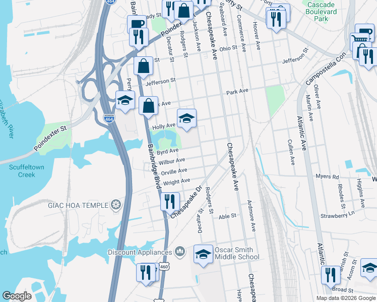 map of restaurants, bars, coffee shops, grocery stores, and more near 1134 Wilbur Avenue in Chesapeake