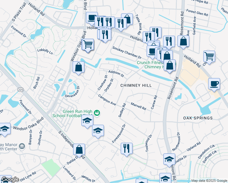 map of restaurants, bars, coffee shops, grocery stores, and more near 3600 Dryden Court in Virginia Beach