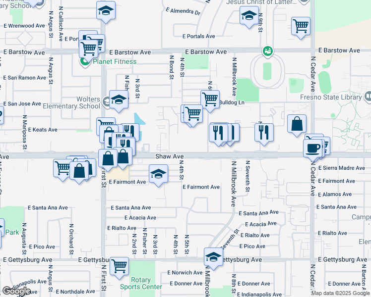 map of restaurants, bars, coffee shops, grocery stores, and more near 1333 E Shaw Ave in Fresno