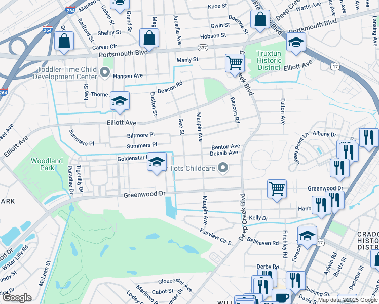 map of restaurants, bars, coffee shops, grocery stores, and more near 301 Gee Street in Portsmouth