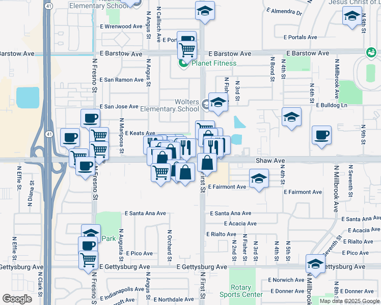 map of restaurants, bars, coffee shops, grocery stores, and more near 859-909 E Shaw Ave in Fresno