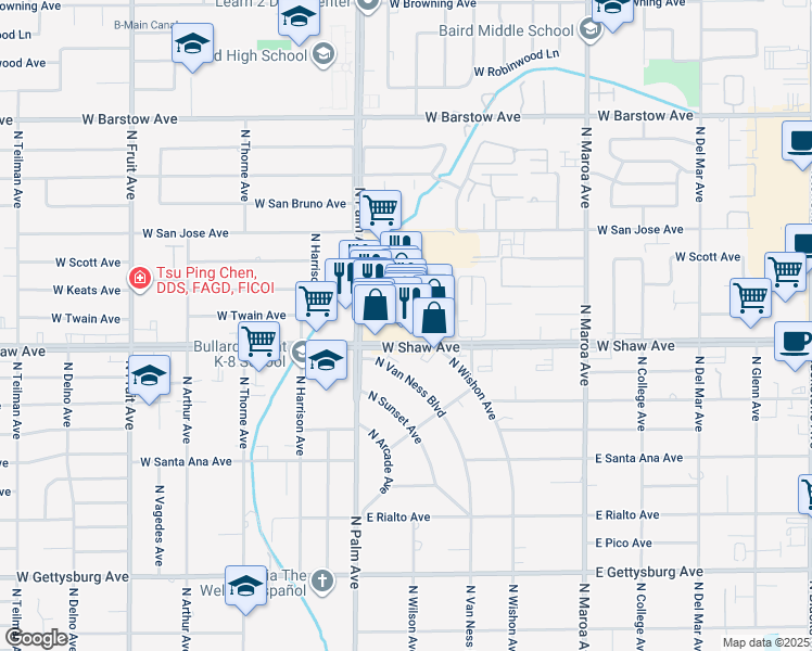 map of restaurants, bars, coffee shops, grocery stores, and more near 5082 North Palm Avenue in Fresno