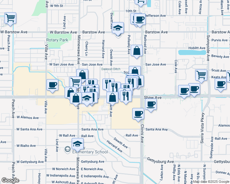 map of restaurants, bars, coffee shops, grocery stores, and more near 384 Dewitt Avenue in Clovis