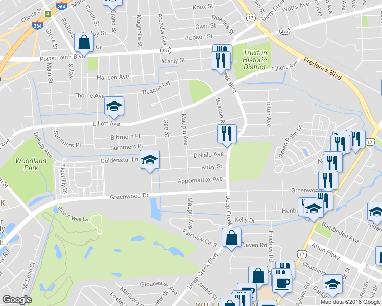 map of restaurants, bars, coffee shops, grocery stores, and more near 36 Dekalb Avenue in Portsmouth