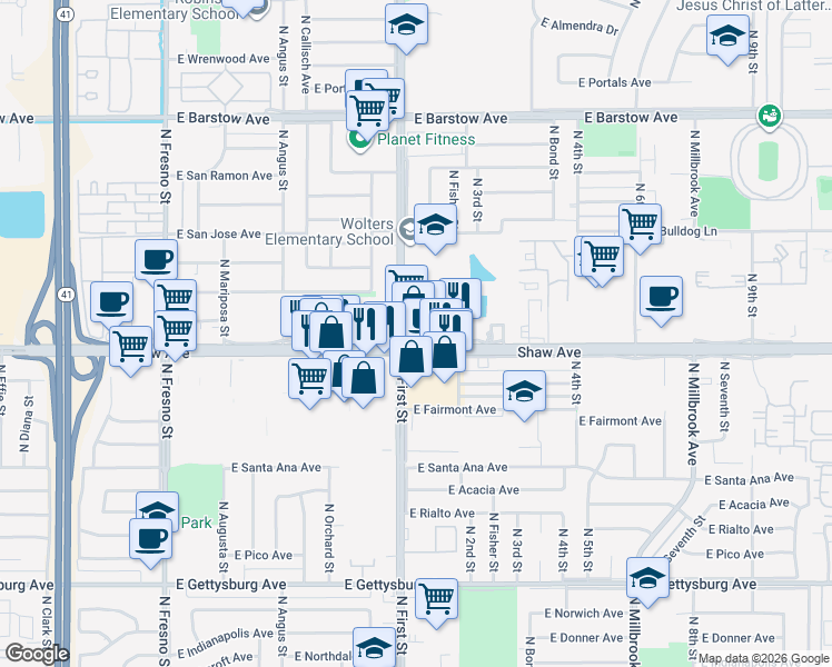 map of restaurants, bars, coffee shops, grocery stores, and more near in Fresno