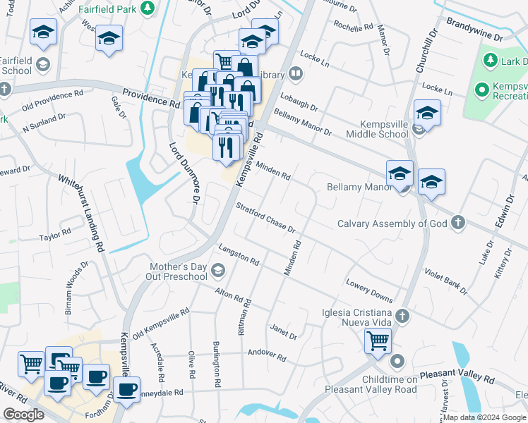 map of restaurants, bars, coffee shops, grocery stores, and more near 5116 Stratford Chase Drive in Virginia Beach