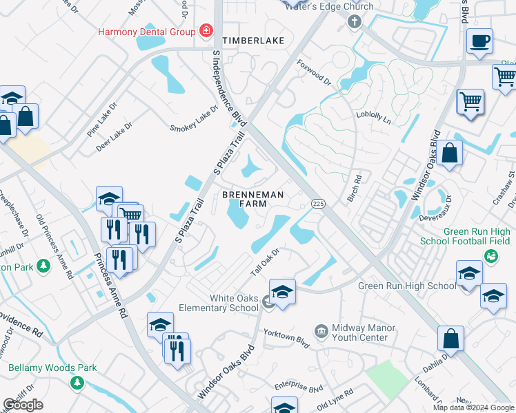 map of restaurants, bars, coffee shops, grocery stores, and more near 4525 Barkingdale Drive in Virginia Beach