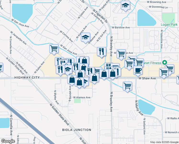 map of restaurants, bars, coffee shops, grocery stores, and more near 4172-4218 West Shaw Avenue in Fresno
