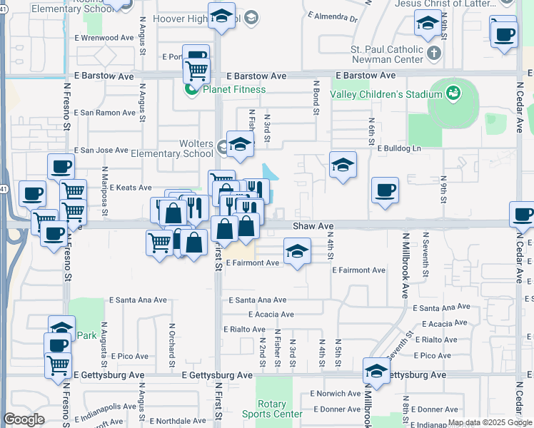 map of restaurants, bars, coffee shops, grocery stores, and more near 1136 Shaw Avenue in Fresno