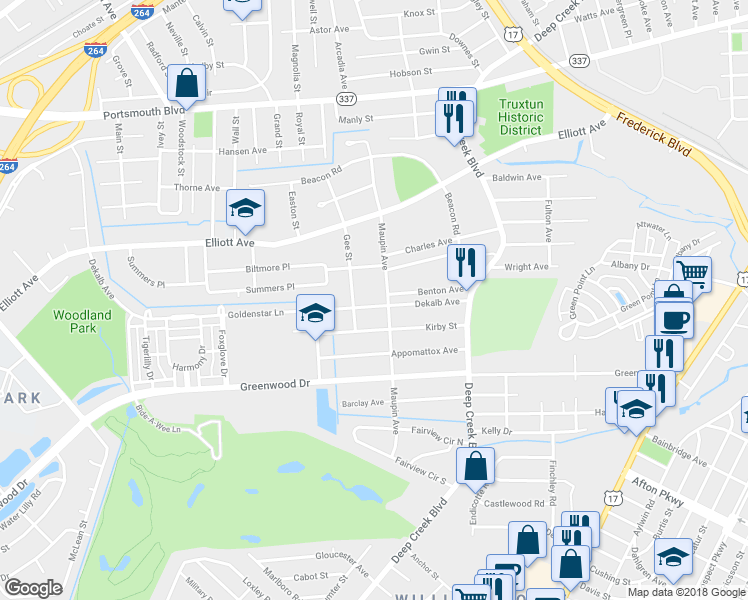 map of restaurants, bars, coffee shops, grocery stores, and more near 110 Dekalb Avenue in Portsmouth