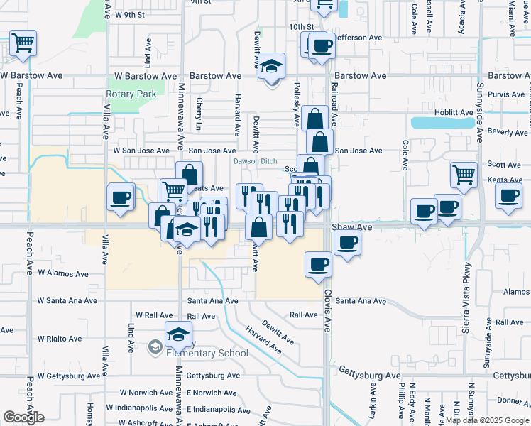 map of restaurants, bars, coffee shops, grocery stores, and more near 384 Dewitt Avenue in Clovis
