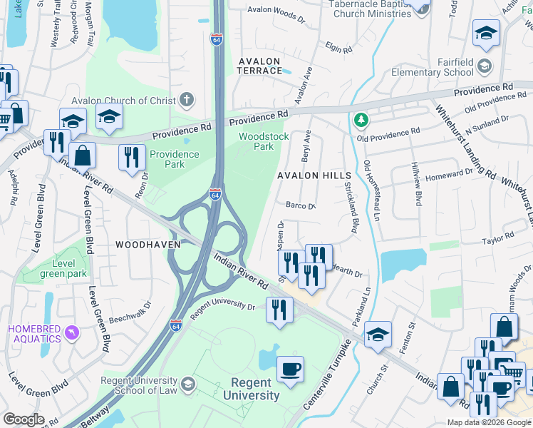 map of restaurants, bars, coffee shops, grocery stores, and more near 1021 Josephine Crescent in Virginia Beach