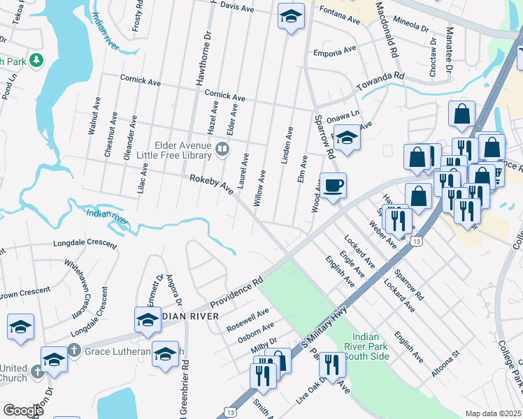 map of restaurants, bars, coffee shops, grocery stores, and more near 1608 Rokeby Avenue in Chesapeake