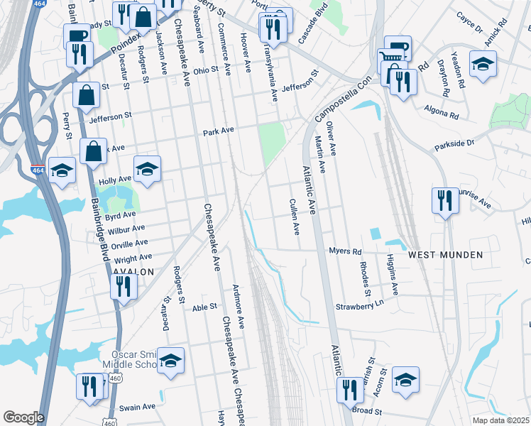 map of restaurants, bars, coffee shops, grocery stores, and more near 1600 Pocahontas Avenue in Chesapeake