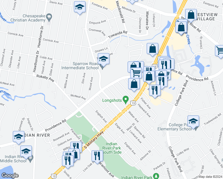 map of restaurants, bars, coffee shops, grocery stores, and more near 1712 Weber Avenue in Chesapeake