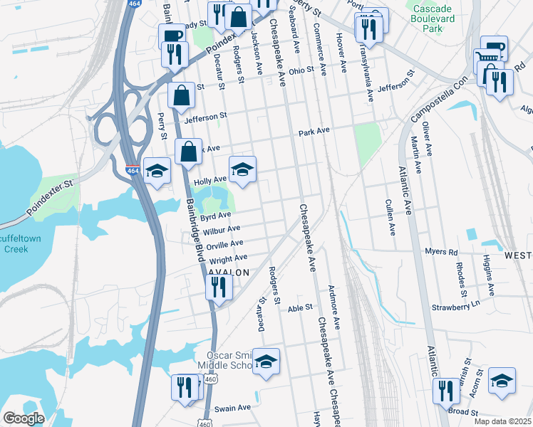 map of restaurants, bars, coffee shops, grocery stores, and more near 1134 Wilbur Avenue in Chesapeake