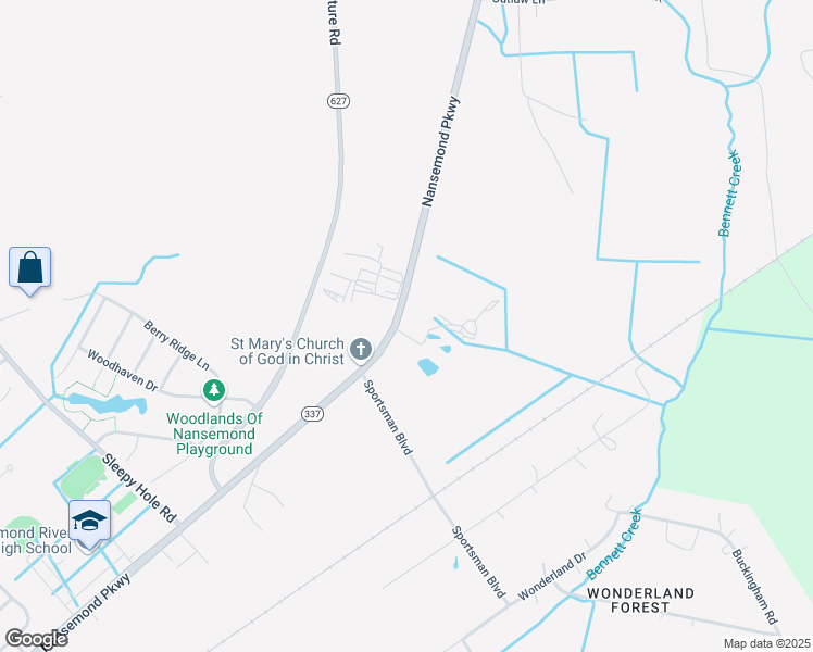 map of restaurants, bars, coffee shops, grocery stores, and more near 3702 Nansemond Parkway in Suffolk