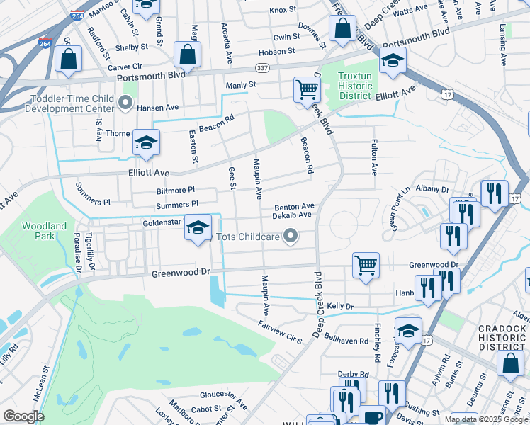 map of restaurants, bars, coffee shops, grocery stores, and more near 36 Dekalb Avenue in Portsmouth