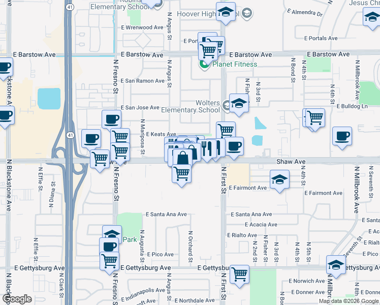 map of restaurants, bars, coffee shops, grocery stores, and more near 707 East Shaw Avenue in Fresno