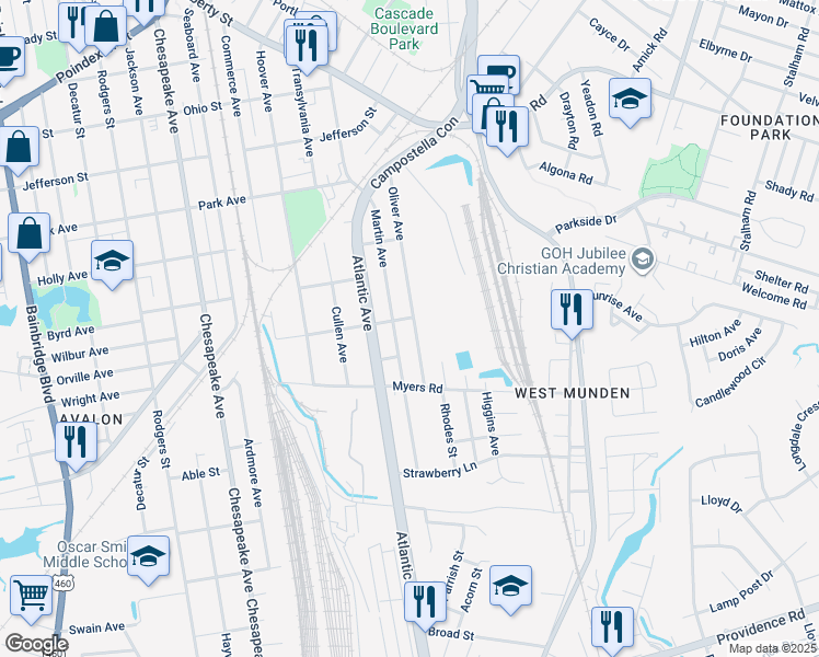 map of restaurants, bars, coffee shops, grocery stores, and more near 1808 Oliver Avenue in Chesapeake