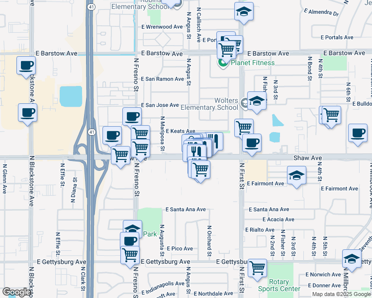 map of restaurants, bars, coffee shops, grocery stores, and more near 619 E Shaw Ave in Fresno