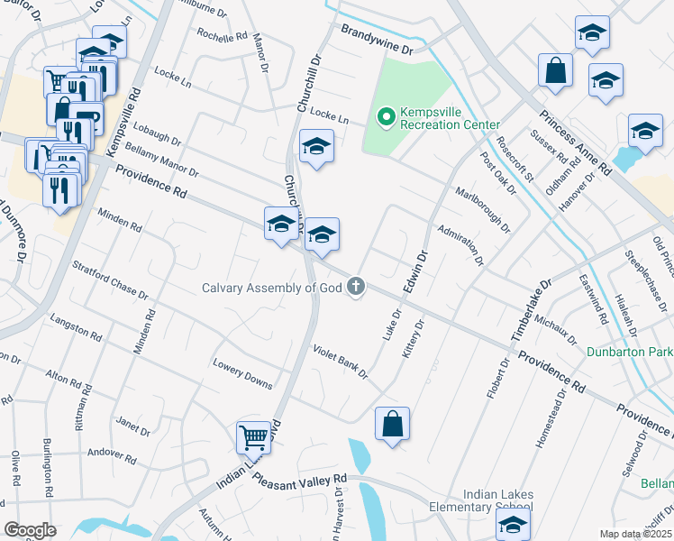 map of restaurants, bars, coffee shops, grocery stores, and more near 4958 Providence Road in Virginia Beach