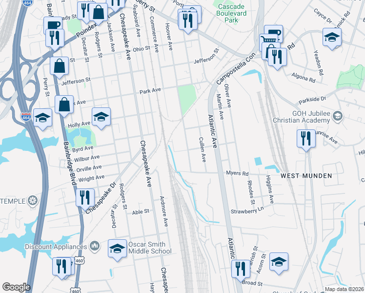 map of restaurants, bars, coffee shops, grocery stores, and more near 1600 Pocahontas Avenue in Chesapeake