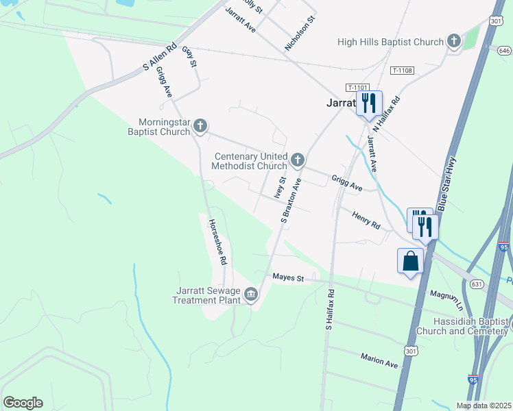 map of restaurants, bars, coffee shops, grocery stores, and more near 406 Susan Street in Jarratt