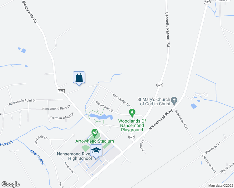 map of restaurants, bars, coffee shops, grocery stores, and more near 315 Berry Ridge Lane in Suffolk